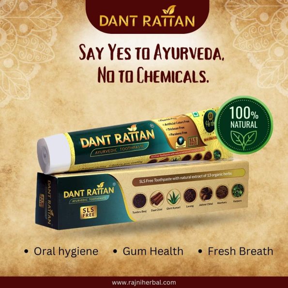 Ayurvedic SLS-free toothpaste tube with natural ingredients for cavity protection and gum health.