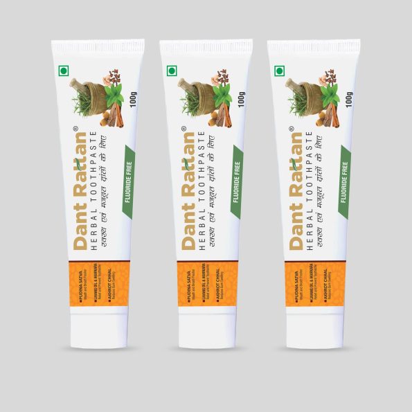 Pack of three herbal toothpastes for gum health and fresh breath.