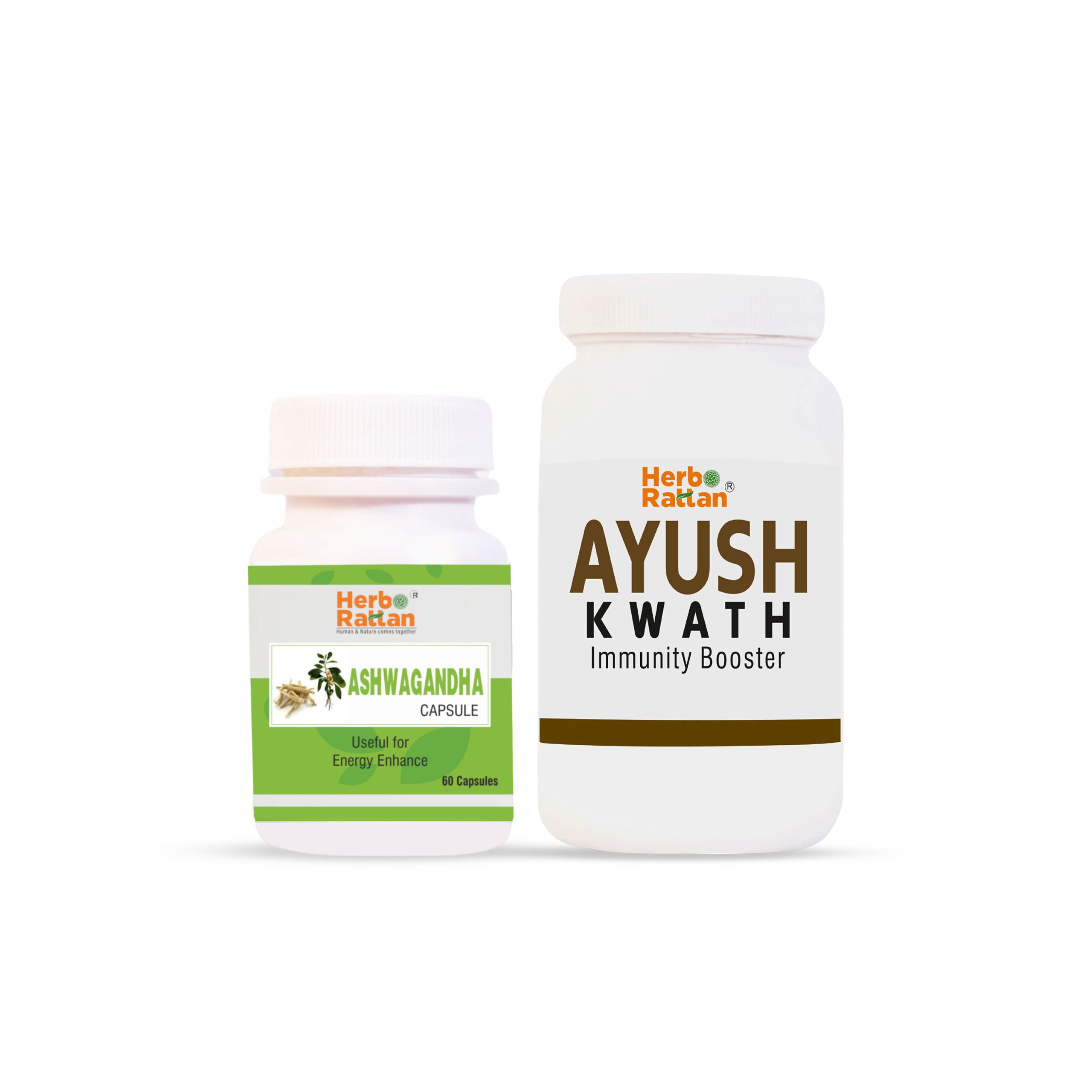 Herbo Rattan Ashwagandha Capsule 60 with Ayush Kwath 100gm – Natural Stress and Immunity Support