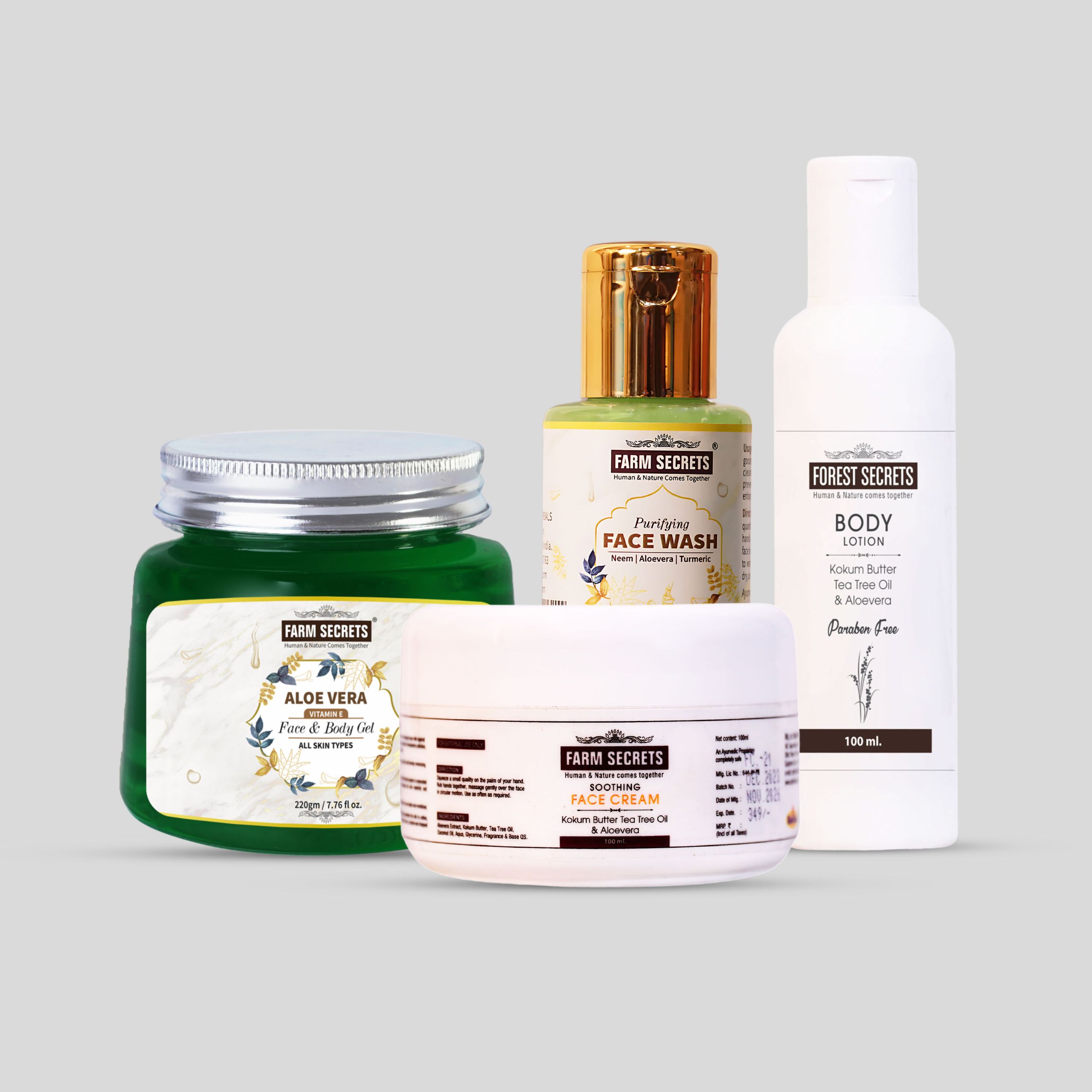 Aloe Vera Gel, Body Lotion, Face Wash, and Soothing Face Cream Combo