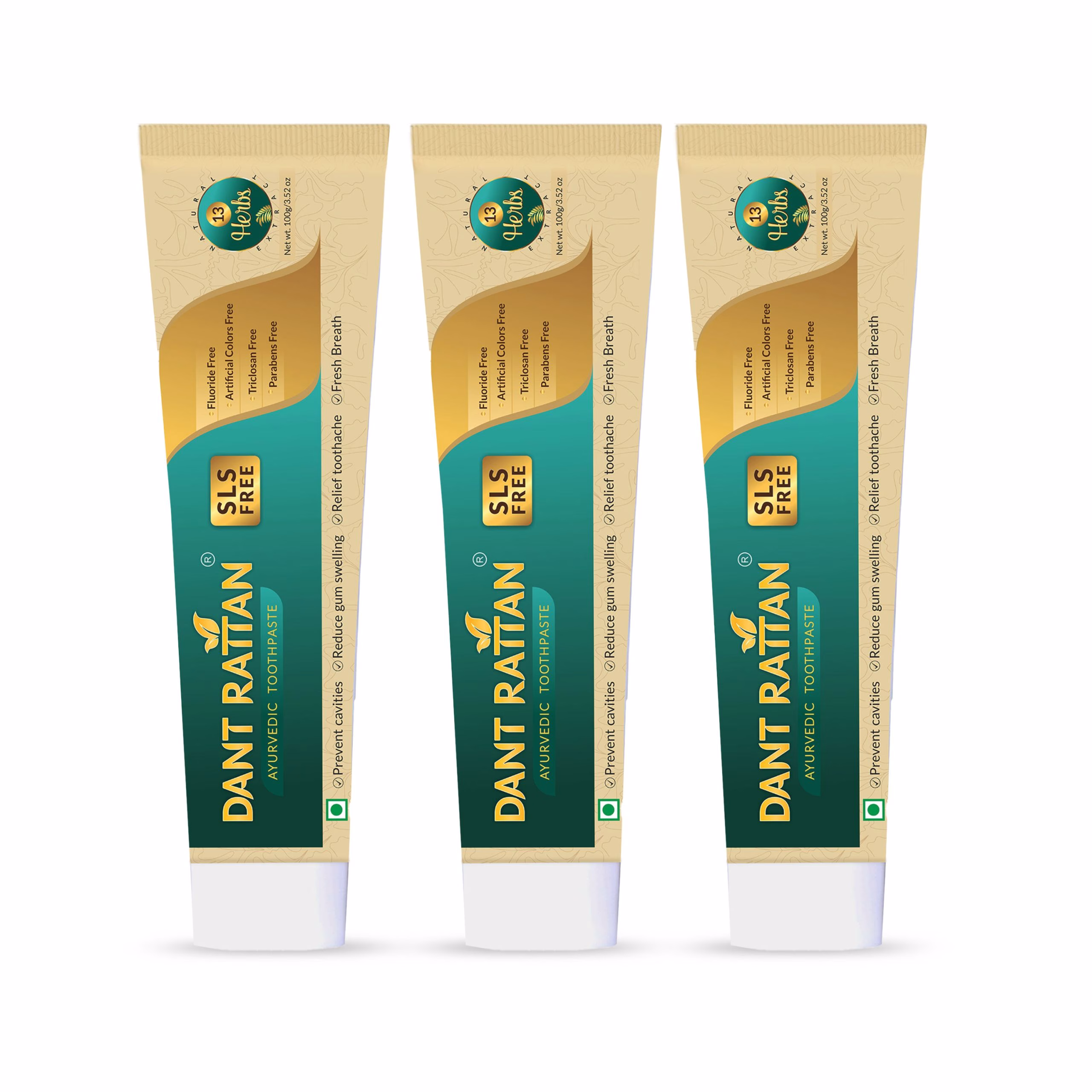 Pack of three SLS-free herbal toothpastes for sensitive teeth and gum health.