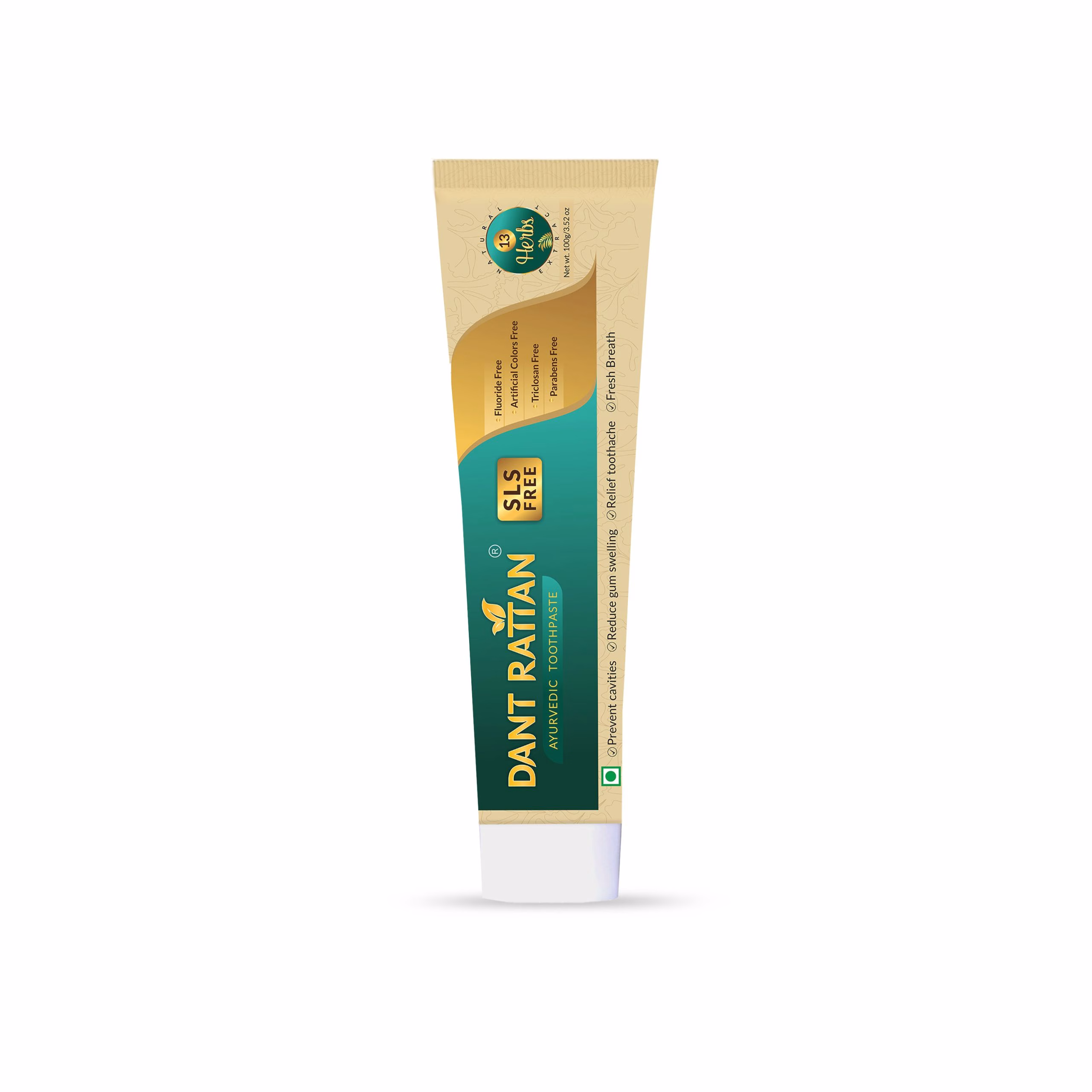 Ayurvedic SLS-free toothpaste tube with natural ingredients for cavity protection and gum health.